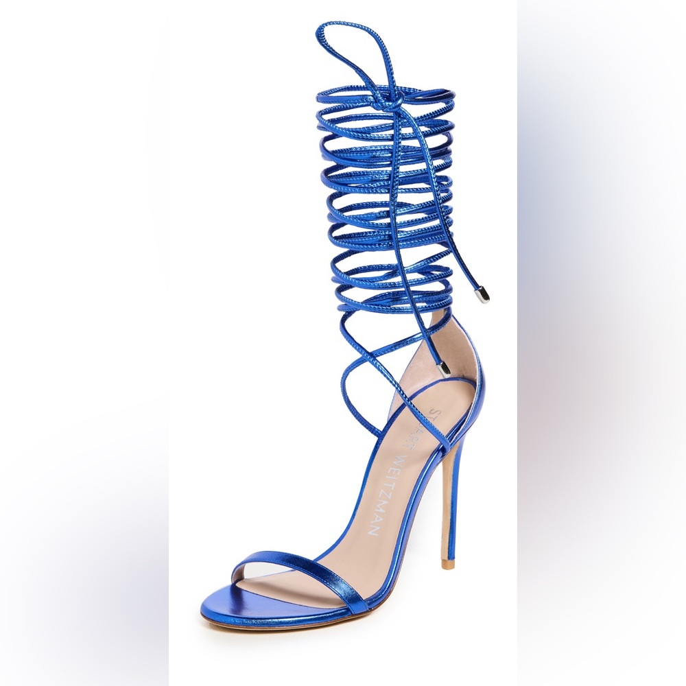 Stuart Weitzman Blue Metallic Lace Up Heels Size 39 Strappy Stiletto Sandals